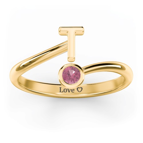 Initial & Birthstone Bypass Ring – 18K Gold Plated Silver with Pink Tourmaline