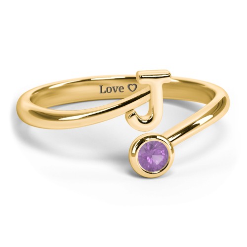 Initial & Birthstone Bypass Ring – 18K Gold Plated Silver with Amethyst