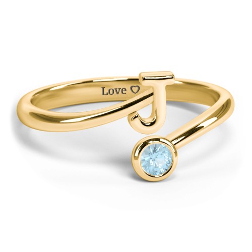 Initial & Birthstone Bypass Ring – 18K Gold Plated Silver with Blue Topaz