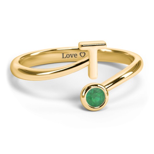 Initial & Birthstone Bypass Ring – 18K Gold Plated Silver with Emerald