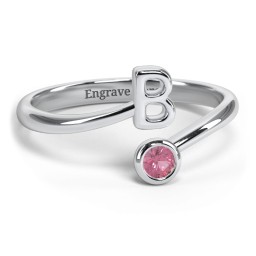 Initial & Birthstone Bypass Ring in 925 Sterling Silver with Pink Tourmaline