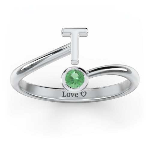 Initial & Birthstone Bypass Ring – Sterling Silver with Emerald