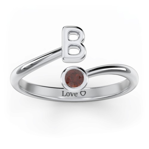 Initial & Birthstone Bypass Ring – Sterling Silver with Garnet