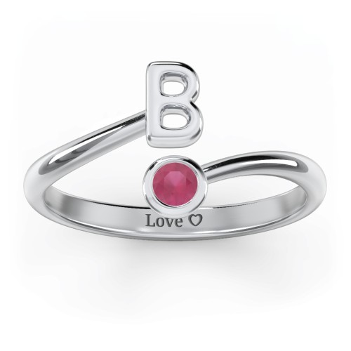 Initial & Birthstone Bypass Ring – Sterling Silver with Ruby