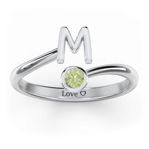 Initial & Birthstone Bypass Ring – Sterling Silver with Peridot
