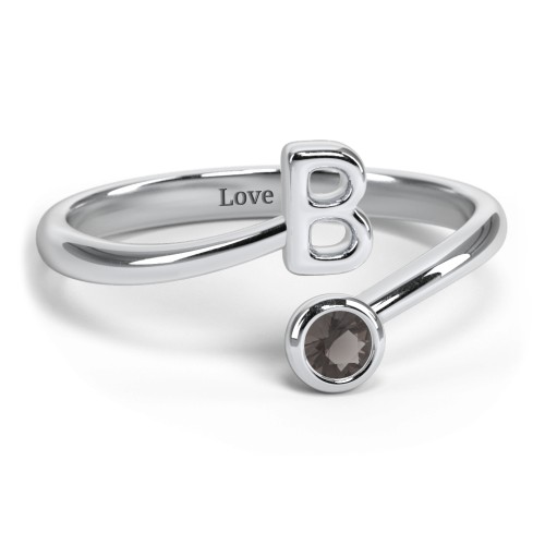 Initial & Birthstone Bypass Ring – Sterling Silver with Smokey Quartz