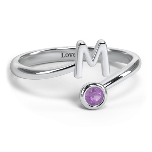 Initial & Birthstone Bypass Ring – Sterling Silver with Amethyst
