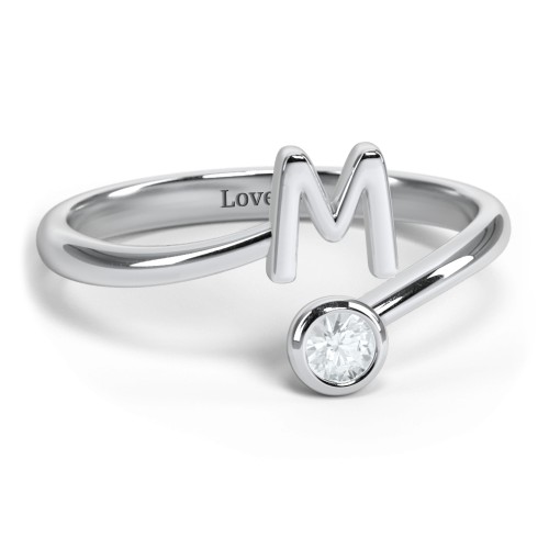 Initial & Birthstone Bypass Ring – Sterling Silver with Aquamarine
