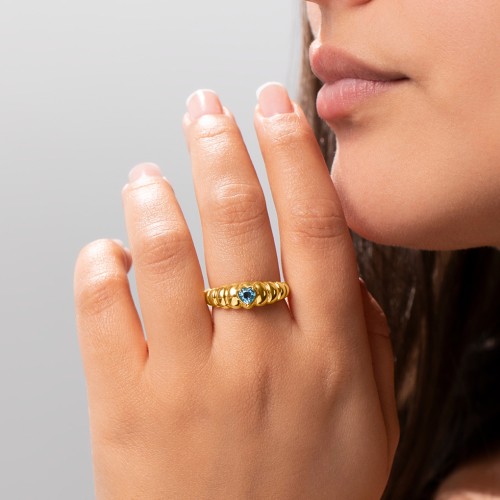 Croissant Dome Ring with Heart Gemstone – 18K Gold Plated Silver with Blue Sapphire