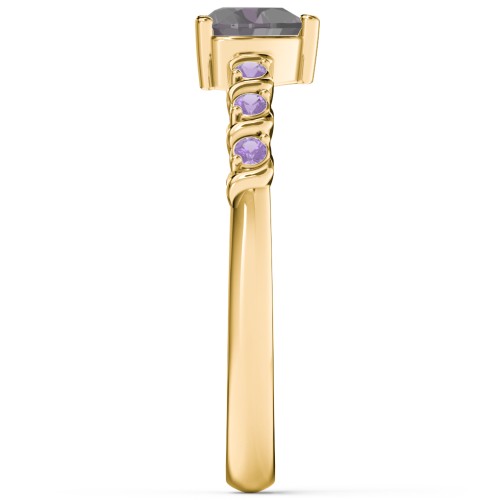 Solitaire Heart Gemstone Ring with Side Accent Stones – 18K Gold Plated Silver with Alexandrite and Amethyst