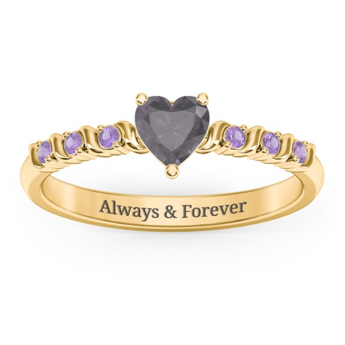 Solitaire Heart Gemstone Ring with Side Accent Stones – 18K Gold Plated Silver with Alexandrite and Amethyst