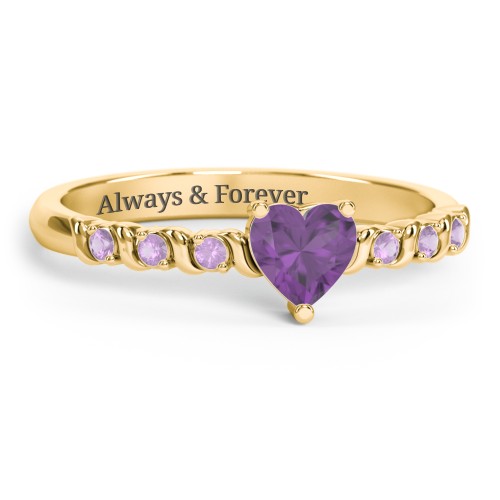 Solitaire Heart Gemstone Ring with Side Accent Stones – 18K Gold Plated Silver with Amethyst