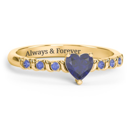 Solitaire Heart Gemstone Ring with Side Accent Stones – 18K Gold Plated Silver with Blue Sapphire