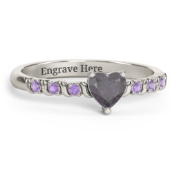 Solitaire Heart Gemstone Ring with Side Accent Stones in 10K Solid White Gold with Alexandrite and Amethyst