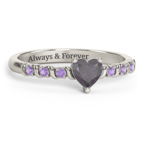 Solitaire Heart Gemstone Ring with Side Accent Stones – 10K White Gold with Alexandrite and Amethyst