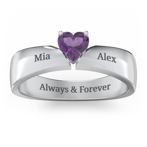 Solitaire Heart Gemstone Ring with Tapered Wide Band – Sterling Silver with Amethyst