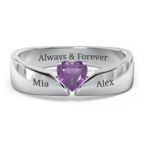 Solitaire Heart Gemstone Ring with Tapered Wide Band – Sterling Silver with Amethyst