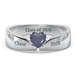 Solitaire Heart Gemstone Ring with Tapered Wide Band in 925 Sterling Silver with Blue Sapphire