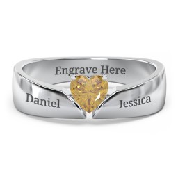 Solitaire Heart Gemstone Ring with Tapered Wide Band in 925 Sterling Silver with Citrine