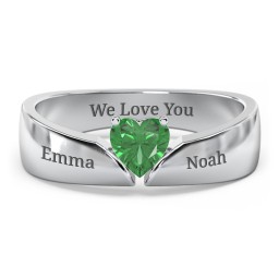 Solitaire Heart Gemstone Ring with Tapered Wide Band in 925 Sterling Silver with Emerald