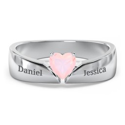 Solitaire Heart Gemstone Ring with Tapered Wide Band in 925 Sterling Silver with Opal