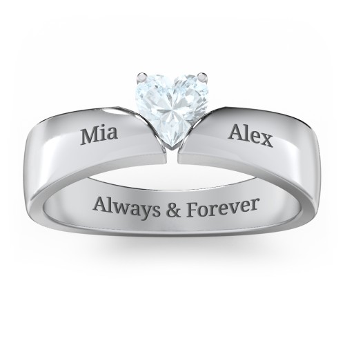 Solitaire Heart Gemstone Ring with Tapered Wide Band – Sterling Silver with Aquamarine