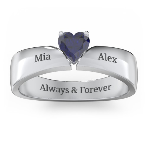 Solitaire Heart Gemstone Ring with Tapered Wide Band – Sterling Silver with Blue Sapphire