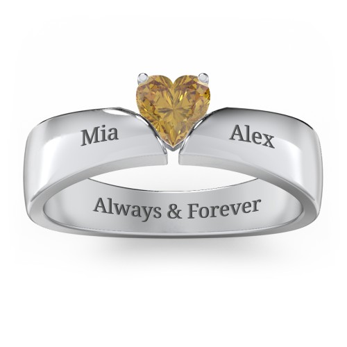 Solitaire Heart Gemstone Ring with Tapered Wide Band – Sterling Silver with Citrine