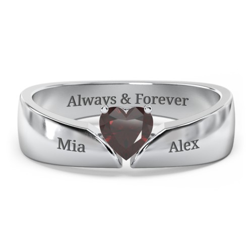 Solitaire Heart Gemstone Ring with Tapered Wide Band – Sterling Silver with Garnet