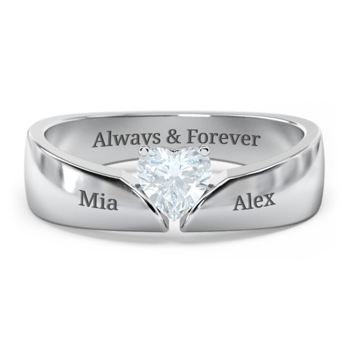 Solitaire Heart Gemstone Ring with Tapered Wide Band – Sterling Silver with Aquamarine