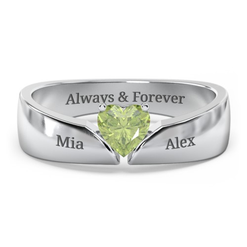 Solitaire Heart Gemstone Ring with Tapered Wide Band – Sterling Silver with Peridot