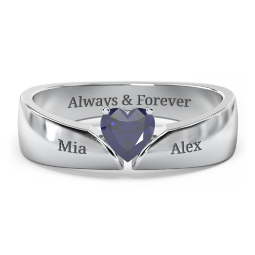 Solitaire Heart Gemstone Ring with Tapered Wide Band – Sterling Silver with Blue Sapphire