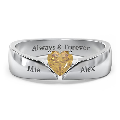Solitaire Heart Gemstone Ring with Tapered Wide Band – Sterling Silver with Citrine