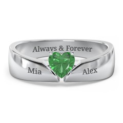 Solitaire Heart Gemstone Ring with Tapered Wide Band – 10K White Gold with Emerald