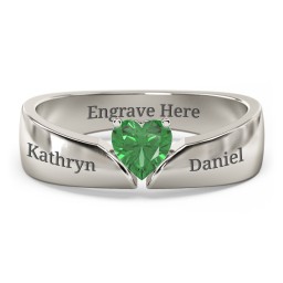 Solitaire Heart Gemstone Ring with Tapered Wide Band in 10K Solid White Gold with Emerald