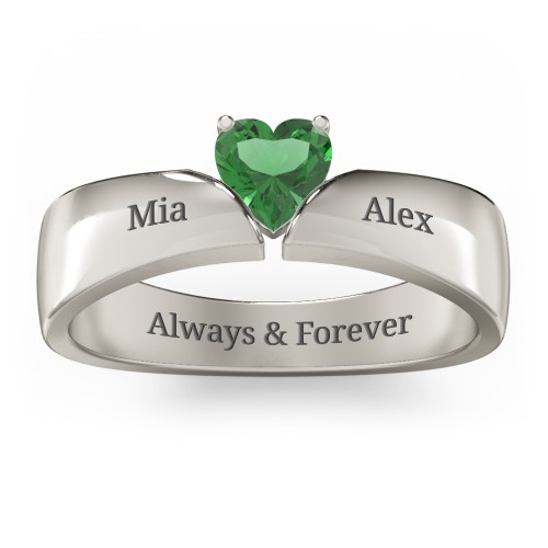Solitaire Heart Gemstone Ring with Tapered Wide Band – 10K White Gold with Emerald