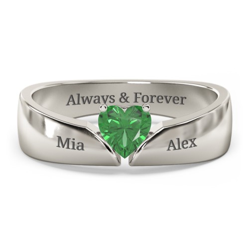Solitaire Heart Gemstone Ring with Tapered Wide Band – 10K White Gold with Emerald