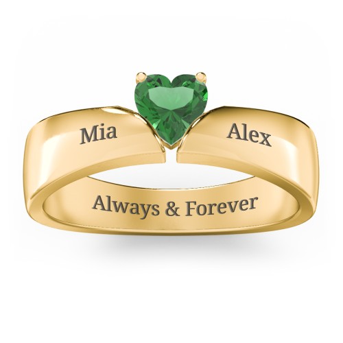 Solitaire Heart Gemstone Ring with Tapered Wide Band – 10K Yellow Gold with Emerald