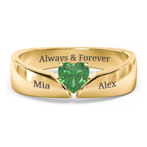 Solitaire Heart Gemstone Ring with Tapered Wide Band – 10K Yellow Gold with Emerald