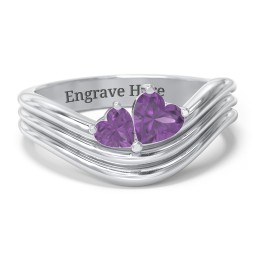 Double Heart Wave Birthstone Ring in 925 Sterling Silver with Amethyst