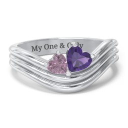 Double Heart Wave Birthstone Ring in 925 Sterling Silver with Alexandrite and Amethyst