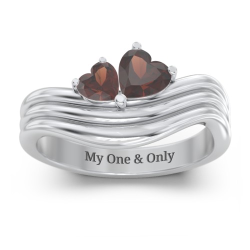 Double Heart Wave Birthstone Ring – Sterling Silver with Garnet
