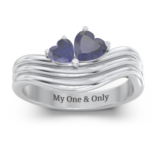 Double Heart Wave Birthstone Ring – Sterling Silver with Blue Sapphire