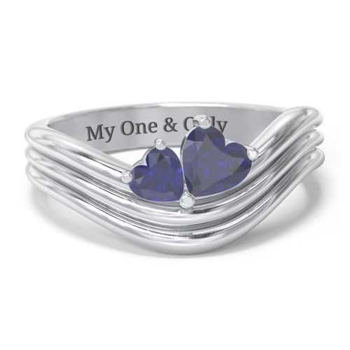 Double Heart Wave Birthstone Ring – Sterling Silver with Blue Sapphire