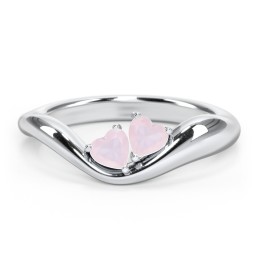 Tilted Double Heart Gemstone Ring with Curved Band
