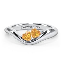 Tilted Double Heart Gemstone Ring with Curved Band