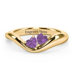 Tilted Double Heart Gemstone Ring with Curved Band in 18K Gold Plated Silver with Amethyst