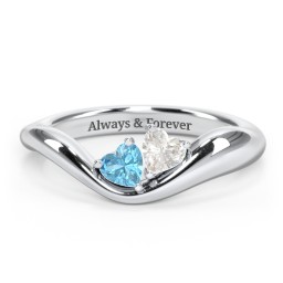 Tilted Double Heart Gemstone Ring with Curved Band