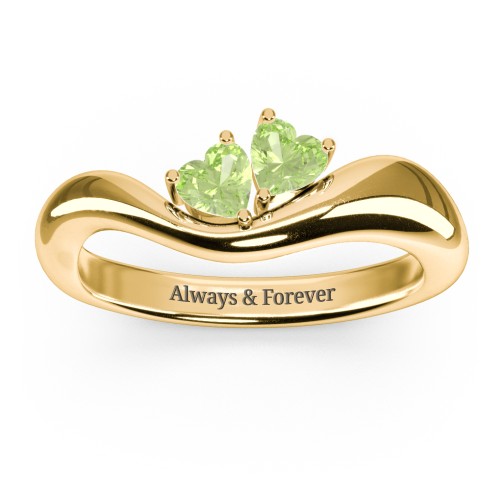 Tilted Double Heart Gemstone Ring with Curved Band – 18K Gold Plated Silver with Peridot