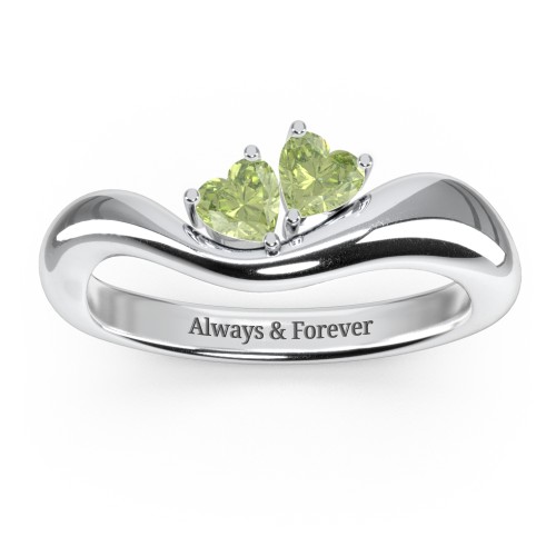 Tilted Double Heart Gemstone Ring with Curved Band